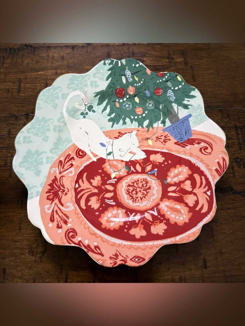 Anthropologie Holiday Spirit Dessert Plate Emily Isabella Christmas Cat Tree